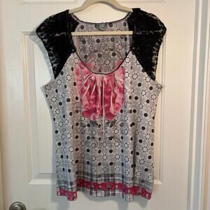 OneWorld Sleep Pajama Top XL Polka Dot Lace Cap Sleeve Pink Bow Floral